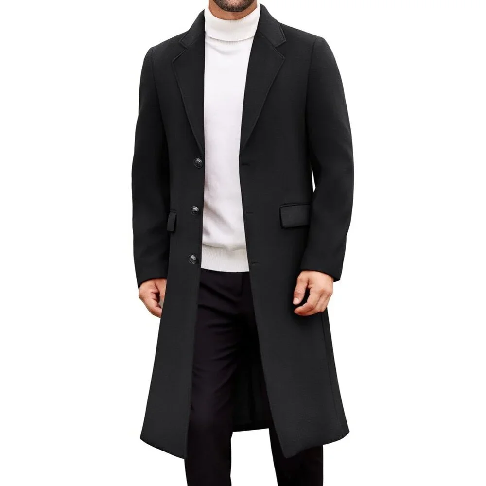 Men's Black Trench Coat Long Casual Notched Collar Wool Blend Pea coat